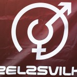A maroon banner features a white gender symbol combining male and female elements. Below the symbol, the text "DZELZSVILKS" is displayed in bold white lettering.