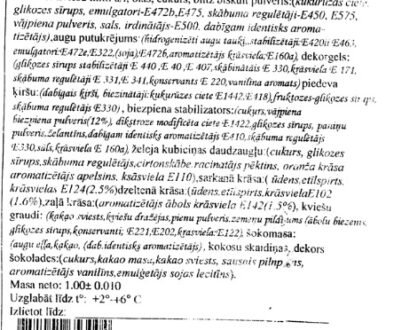 Black and white printed label with detailed ingredients list in Latvian for "Torte Biezpiena." Includes address and contact information for Sia "SABINA-S" in Riga. Contains numeric codes for additives, allergens, storage conditions, and barcodes at the bottom.