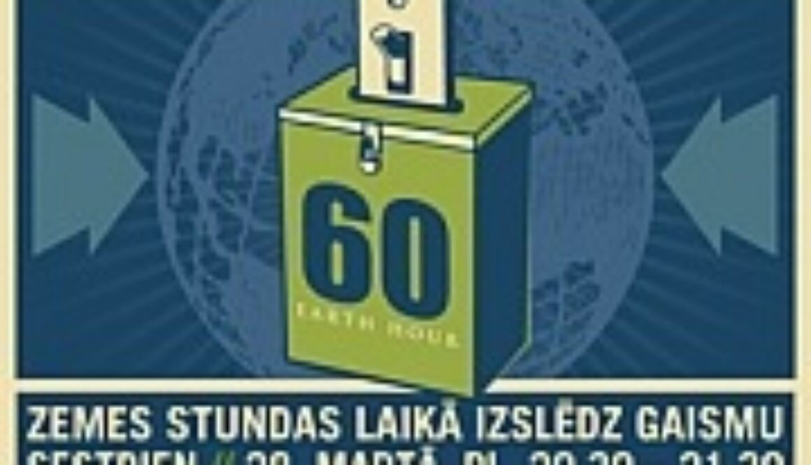 Illustration of a light switch atop a green box with "60 Earth Hour" written on it. Background features a faint globe and arrows. Text below reads, "Zemes stundas laikā izslēdz gaismu sestdien // 28. martā, pl. 20.30 - 21.30," promoting turning off lights for Earth Hour.